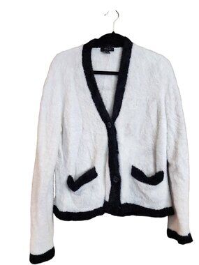 Ann Taylor Cream Black Fuzzy Trim Cardigan Sweater Button Front Womens Size XL